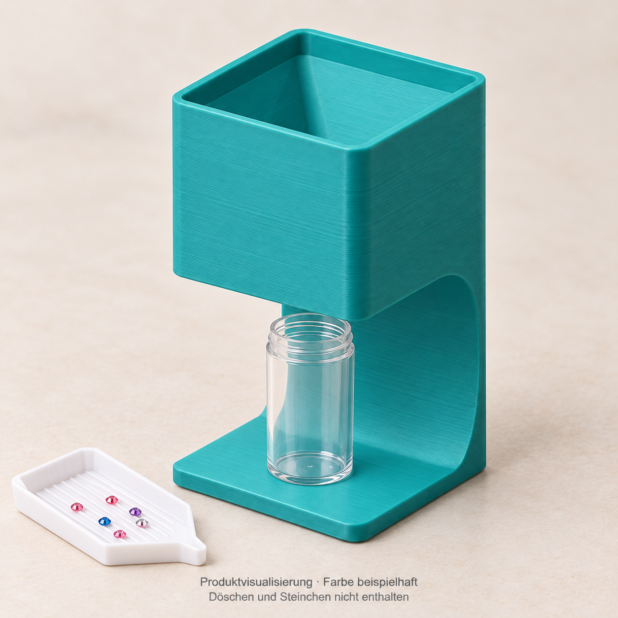 Fotorealistische Produktvisualisierung: türkisfarbener PLA-Trichter mit Standfuß und einem Beispieldöschen darunter. Farbe beispielhaft; Döschen, Steinchen und Schiffchen sind nicht enthalten.